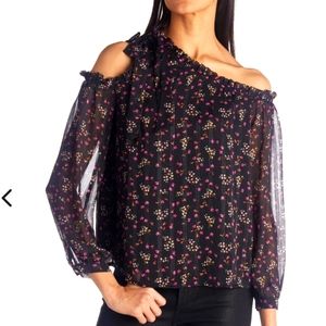 NWT CeCe black floral cold shoulder top, size XS